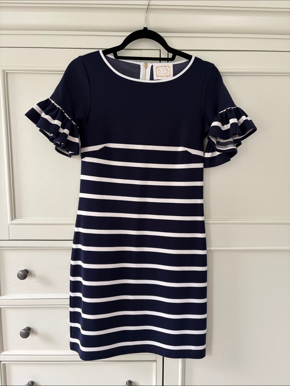 Sail to Sable Navy and White Striped Ruffle-Sleeve Mini Dress